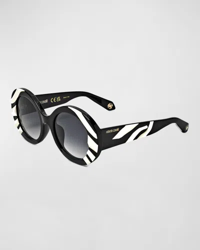 Roberto Cavalli Stripes Acetate Round Sunglasses In Black