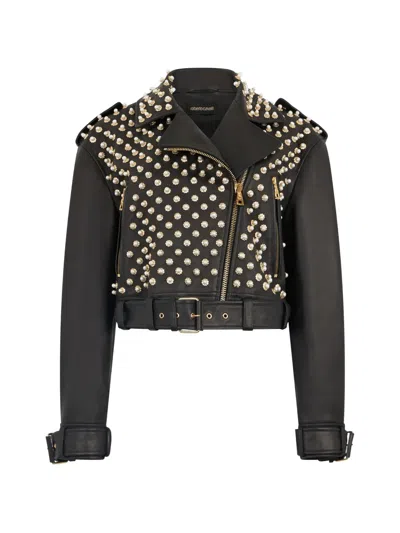 Roberto Cavalli Studded Belted Leather Jacket In Black