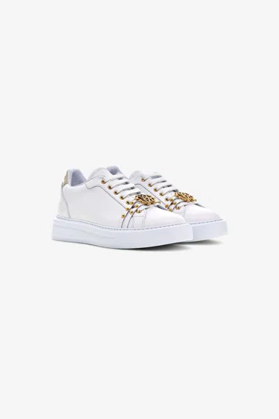 Roberto Cavalli Studded Leather Sneakers In White/gold
