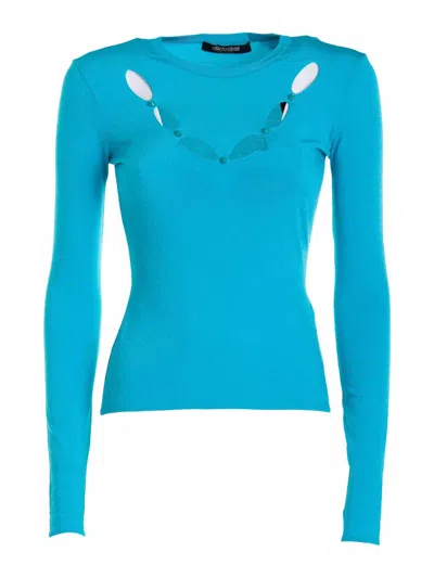 Roberto Cavalli Studded Slim Fit Sweater In Azul Claro