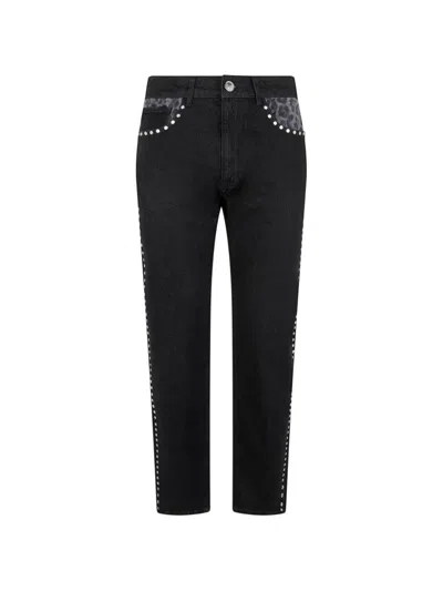 Roberto Cavalli Stud-embellished Leopard-print Jeans In Black