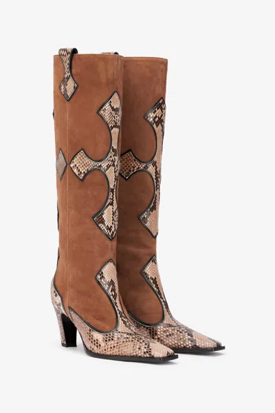 Roberto Cavalli Suede And Snake Boots In Brown
