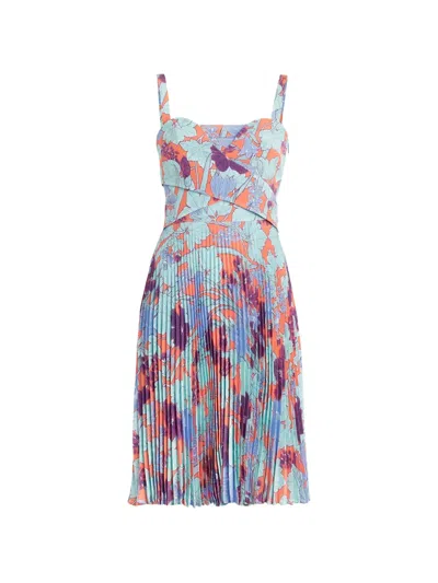 Roberto Cavalli Summer Garden Silk Pleated Dress In Blue