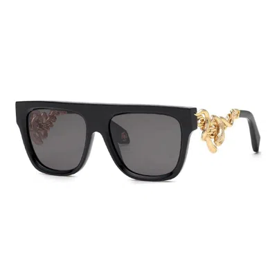 Roberto Cavalli Sunglasses Aviator Full Rim, Shiny Black/gold Frame And Grey Lens Src014m0700