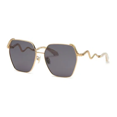 Roberto Cavalli Sunglasses Geometric Full Rim, Shiny Rose Gold Frame And Purple Grey Lens Src035m0300