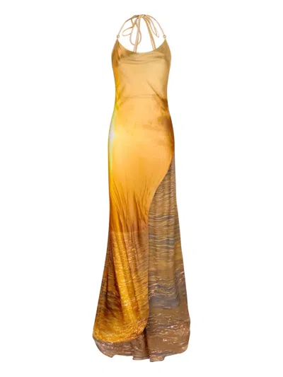 Roberto Cavalli Printed Silk Chiffon Satin Long Dress In Yellow