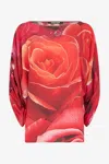 Roberto Cavalli Sweater With Gathered Sleeves And Rose Print In Red