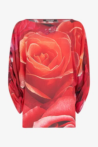 Roberto Cavalli Sweater With Gathered Sleeves And Rose Print In Red