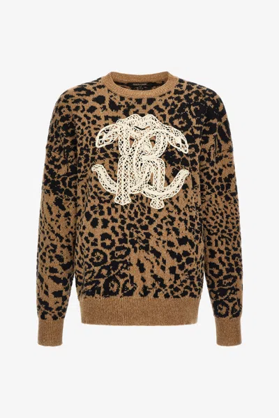 Roberto Cavalli Sweater With Monogram Rc And Jaguar Skin Print In Brown