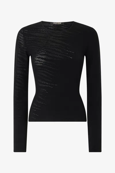 Roberto Cavalli Knit Top With Perforated Tiger Skin Pattern In Black