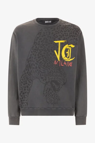 Roberto Cavalli Sweatshirt With Jaguar And Lettering In Dark Gray