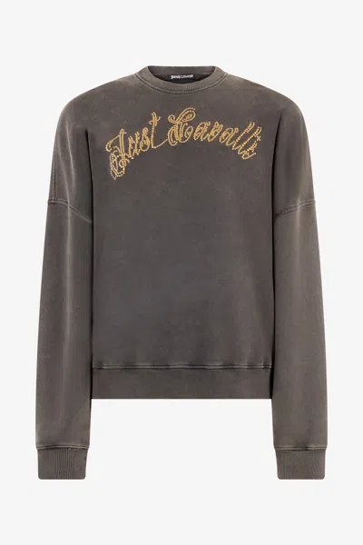 Roberto Cavalli Sweatshirt With Jewel Studded Logo In Dark Gray