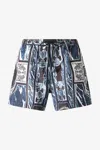 Roberto Cavalli Swim Shorts With Fang And Marble Print In Blue