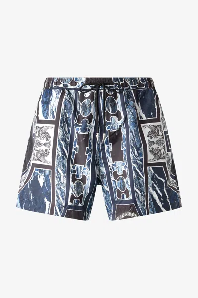 Roberto Cavalli Swim Shorts With Fang And Marble Print In Blue