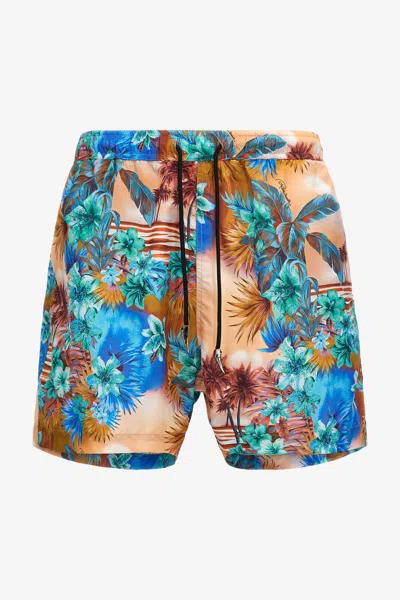 Roberto Cavalli Swim Shorts With Hawaii Print In Orange