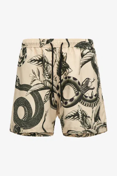 Roberto Cavalli Swim Shorts With Snake Print In Ivory