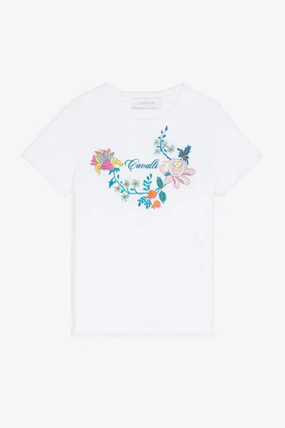 Roberto Cavalli Logo And Floral-embroidered Cotton T-shirt