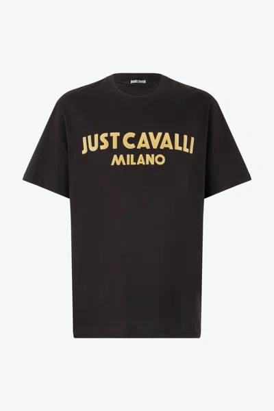 Roberto Cavalli T-shirt With Flocked Logo In Black