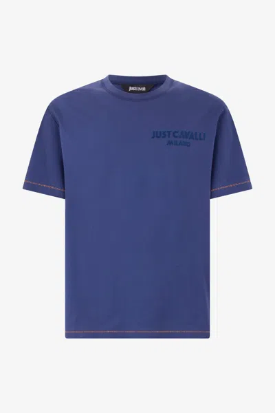 Roberto Cavalli T-shirt With Jc Monogram And Contrasting Seams In Blue
