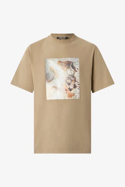 Roberto Cavalli T-shirt With Distressed-effect Mirror Snake Monogram Print In Brown