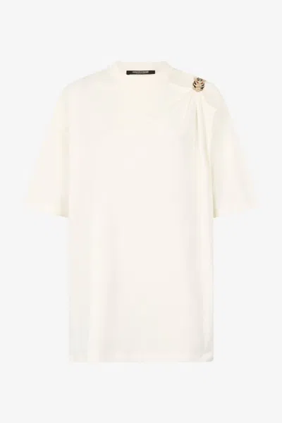 Roberto Cavalli T-shirt With Cut-out And Tiger Head In Ivory