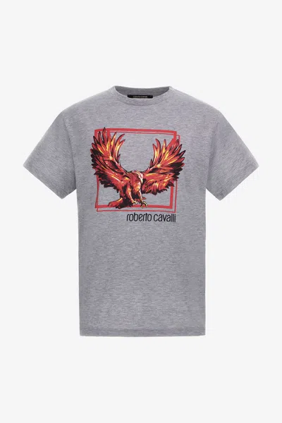 Roberto Cavalli T-shirt With Eagle Logo And Print In Gray