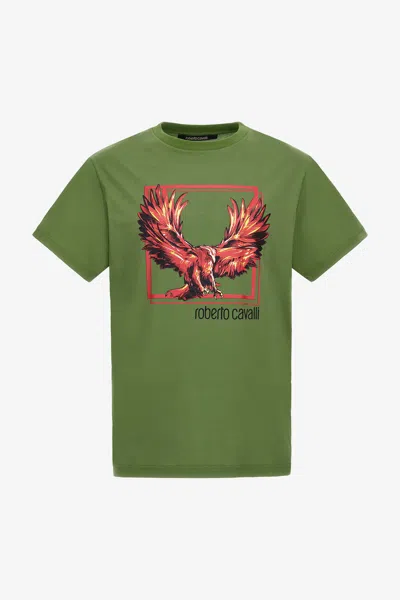 Roberto Cavalli T-shirt With Eagle Logo And Print In Green