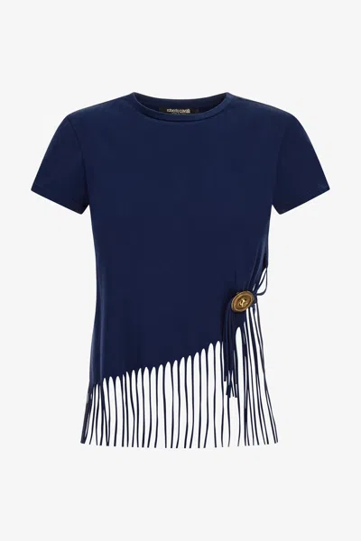 Roberto Cavalli T-shirt With Fringing In Dark Blue