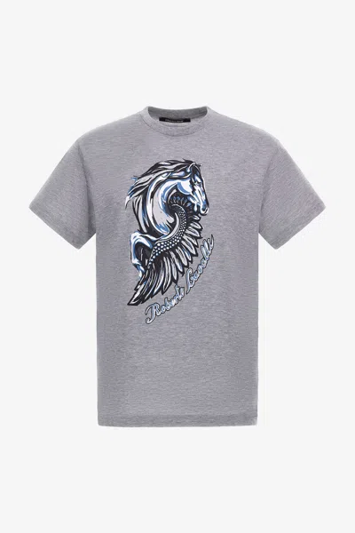 Roberto Cavalli T-shirt With Horse Logo And Print In Grey