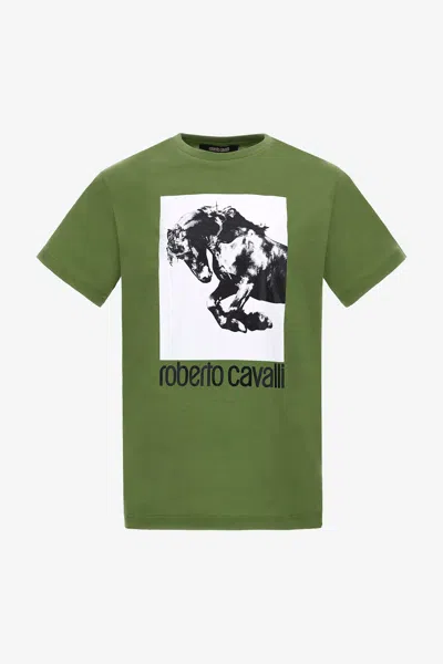 Roberto Cavalli T-shirt With Horse Logo And Print In Green