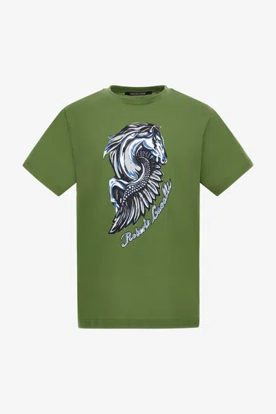 Roberto Cavalli T-shirt With Horse Logo And Print In Green