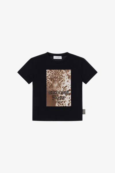 Roberto Cavalli T-shirt With Jaguar And Lettering In Black