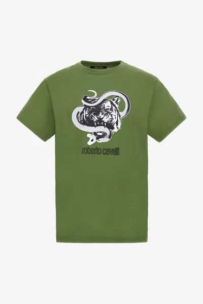 Roberto Cavalli T-shirt With Jaguar And Snake Prints In Green