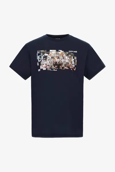 Roberto Cavalli T-shirt With Jaguar Logo And Print In Dark Blue