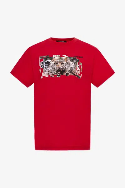 Roberto Cavalli T-shirt With Jaguar Logo And Print In Red