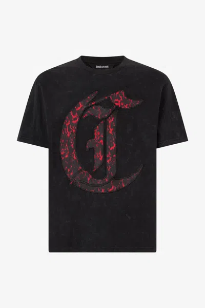 Roberto Cavalli T-shirt With Jc Monogram Patch In Black