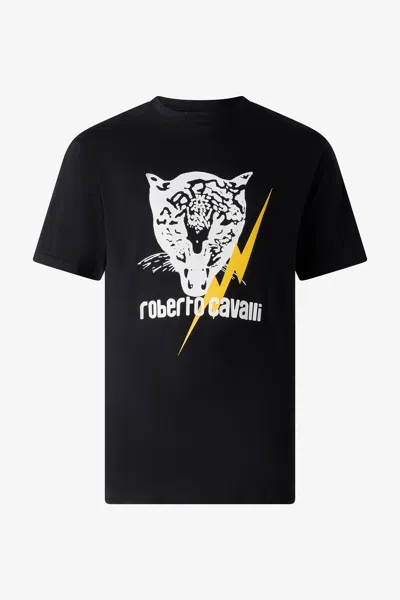 Roberto Cavalli T-shirt With Lightning Bolt And Jaguar In Black
