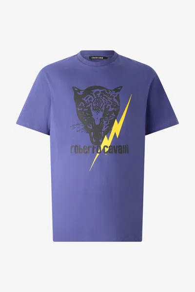 Roberto Cavalli T-shirt With Lightning Bolt And Jaguar In Navy