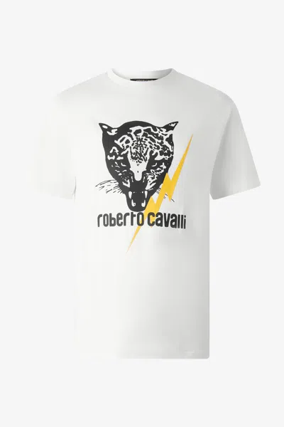 Roberto Cavalli T-shirt With Lightning Bolt And Jaguar In White