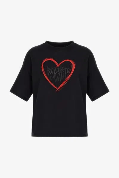 Roberto Cavalli T-shirt With Logo And Hearts In Black