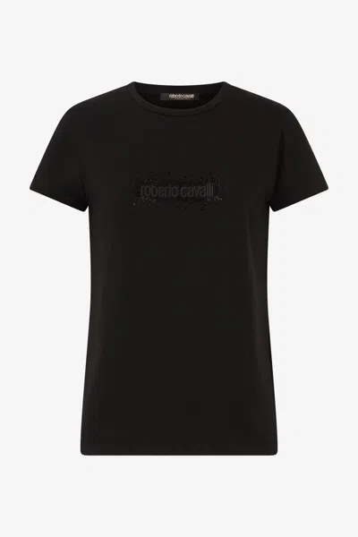Roberto Cavalli T-shirt With Logo And Rhinestones In Black