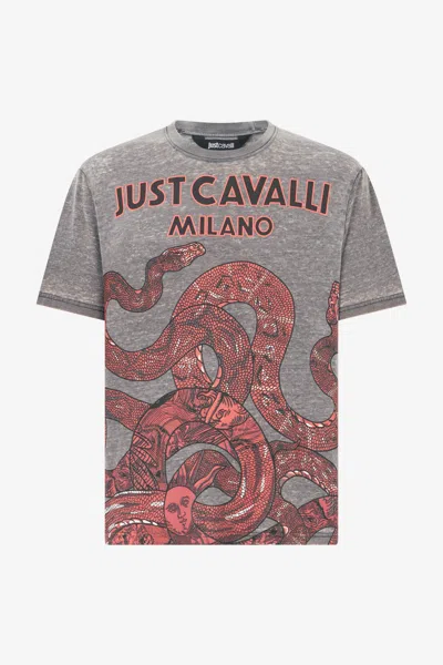 Roberto Cavalli T-shirt With Logo And Snakes In Gray