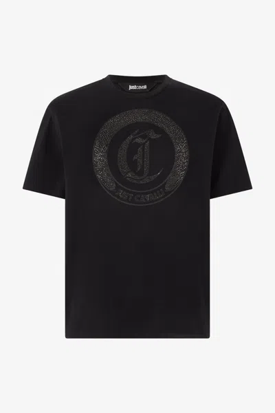 Roberto Cavalli T-shirt With Mini Studded Logo In Black