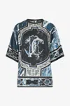 Roberto Cavalli T-shirt With Mirror Snake Monogram And Marble Print In Dark Blue