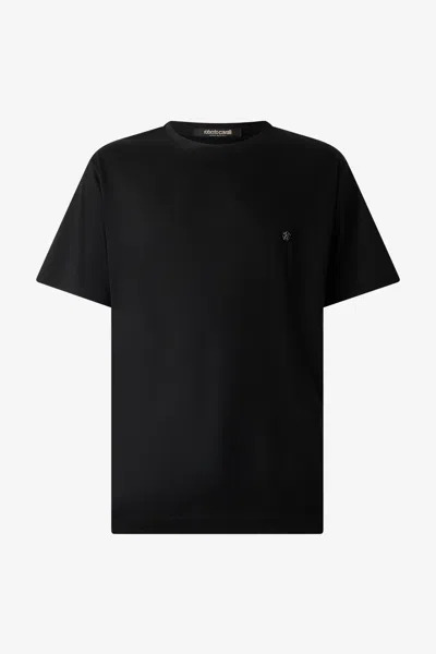 Roberto Cavalli T-shirt With Mirror Snake Monogram In Black