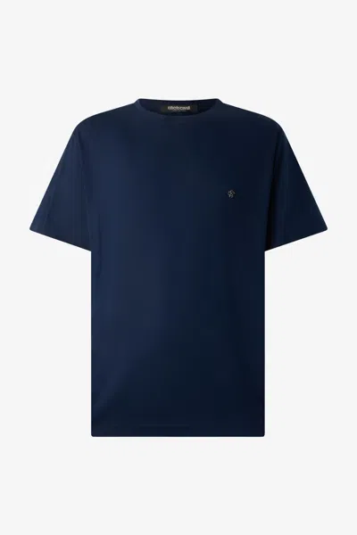 Roberto Cavalli T-shirt With Mirror Snake Monogram In Dark Blue