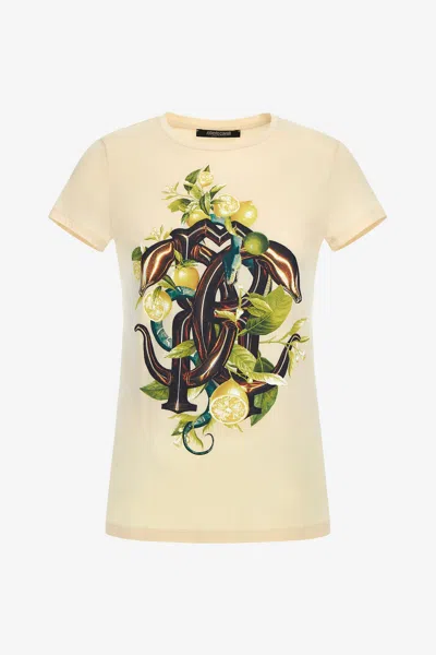 Roberto Cavalli T-shirt With Monogram Lemon Snake In White