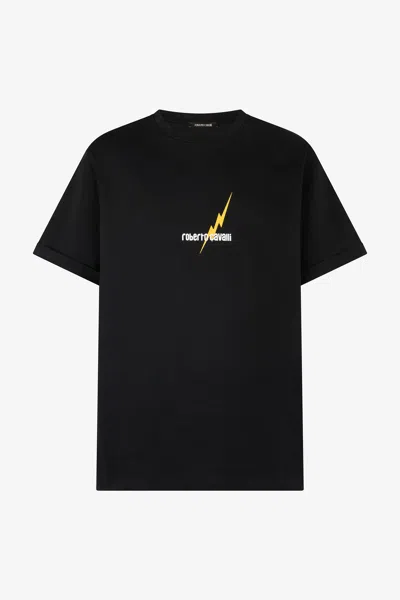 Roberto Cavalli T-shirt With Print And Logo In Black