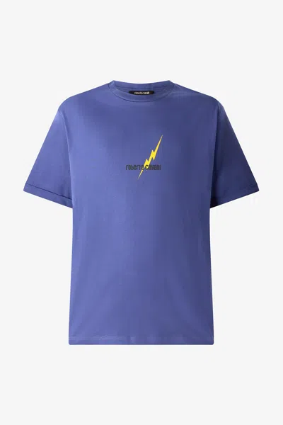 Roberto Cavalli T-shirt With Print And Logo In Navy