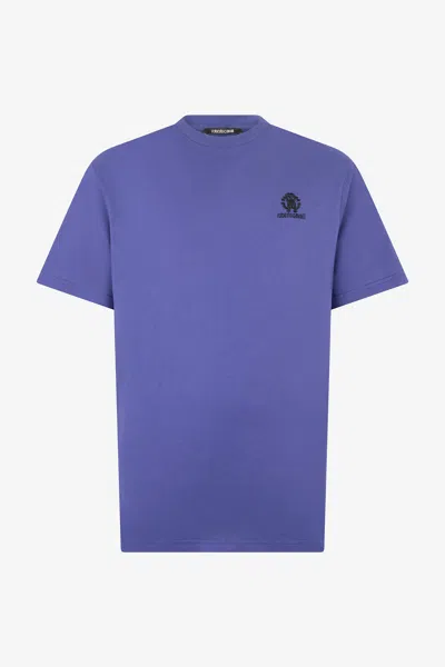 Roberto Cavalli T-shirt With Monogram Rc Embroidery And Logo In Navy